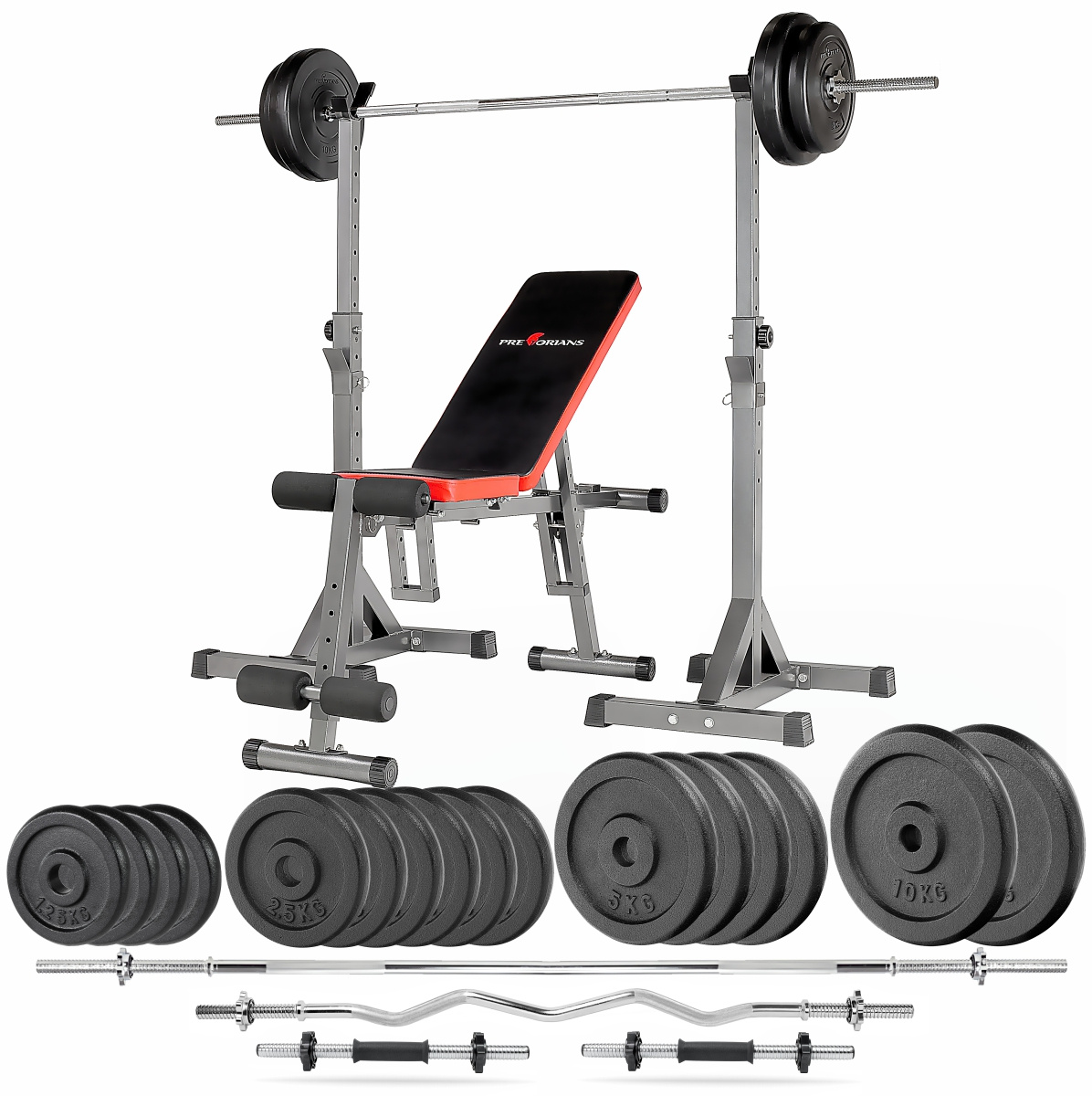 Zestaw do ćwiczeń 97kg z ławką treningową TB102 sztangą / gryfem prostym 180 cm, gryfem lekko łamanym 120cm, obciążeniem żeliwnym 60 kg i hantlami